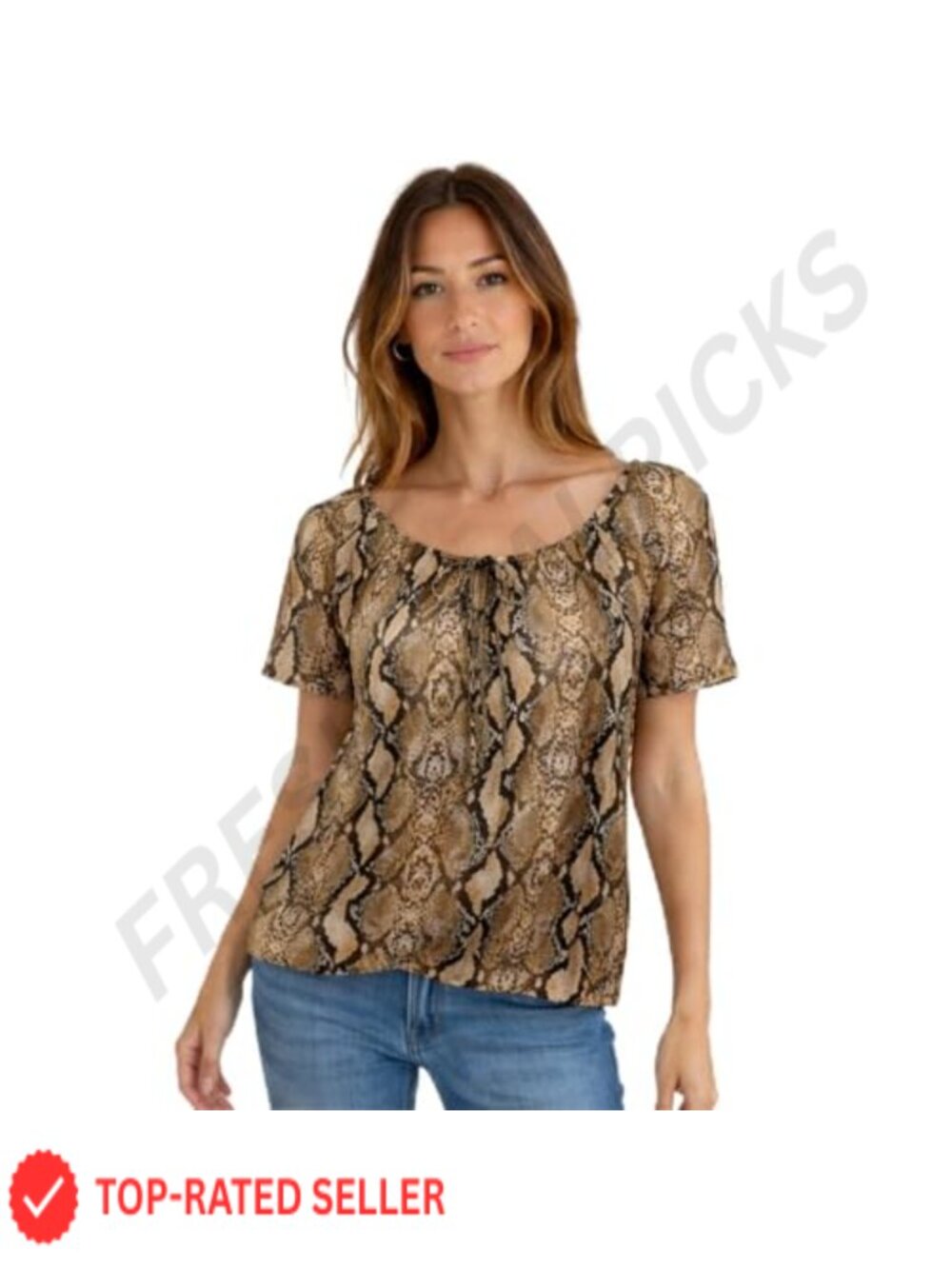 Star Vixen Women's Keyhole-Tie Peasant Top Short Sleeve Relaxed Fit Knit